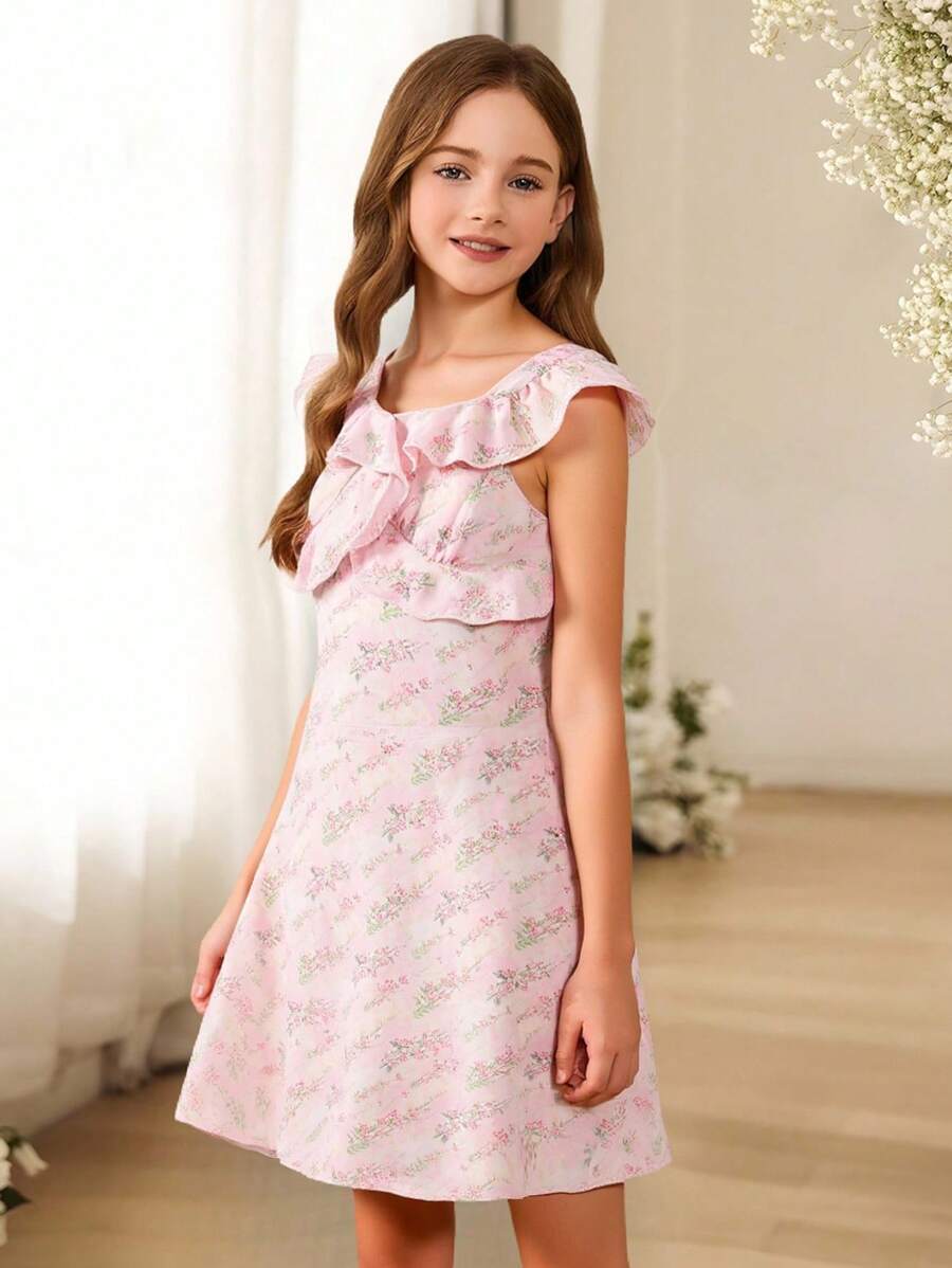 Tween Girls' Elegant V-Neck Sleeveless Waist Ruffle Trim Mini Chiffon Ditsy Floral Fitted Party Dress In Pink - Pink - View 1