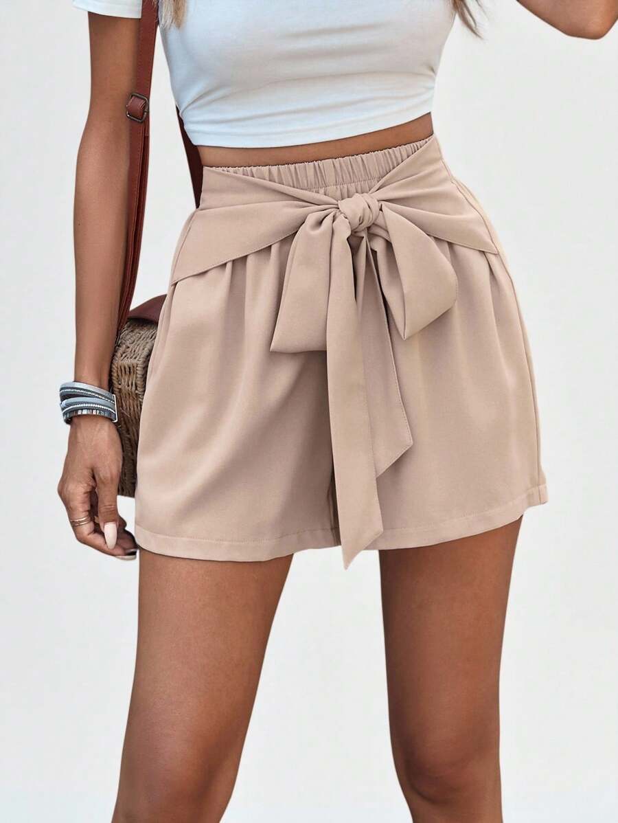 SHEIN LUNE 女式松紧腰蝴蝶结系带休闲短裤 - 卡其色 - 查看 1