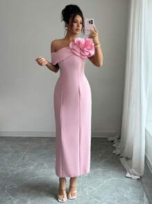 Modelyn 女士 3D 花卉装饰不对称领口优雅法式派对连衣裙 - 粉色 - 查看 5