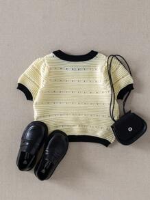 PrepCrw Pulover tricotat cu model pointelle și garnitură contrastantă cu fundă în față pentru bebeluși și fetițe