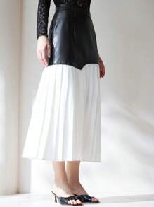 SHEIN Privé Elegant, Chic, Understated Long Asymmetrical Patchwork Color Block Pleated Chiffon Skirt, Suitable For Commuting, High-End Design Fall Cloth For Women - Black and White - View 6