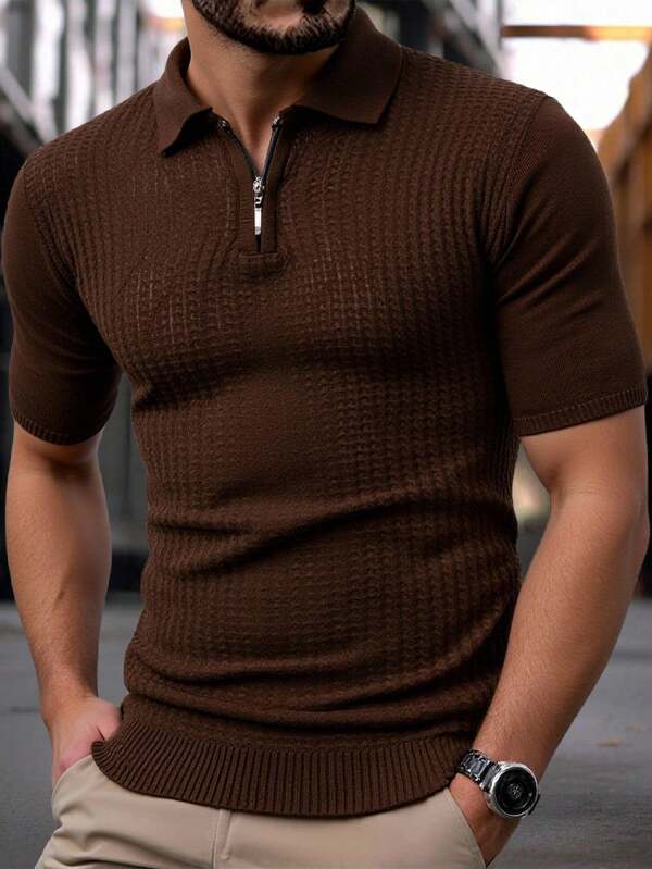 RueChic Men Textured SS Fashion Half Zipper Regular Polo Shirt