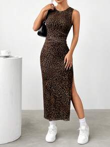 SHEIN EZwear Women's Sexy Leopard Print Bodycon Split Dress,Summer Dresses For Women