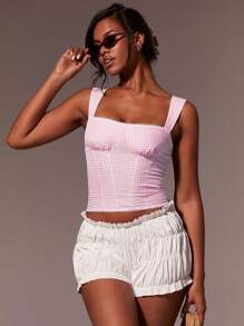 Athîral Women's Summer Plaid Square Neck Ruched Fitted Cami Top,Back To School,Cute Top - Baby Pink - View 2