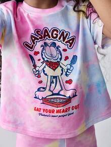 Maija Kids GARFIELD | SHEIN Maija Kids 两件套女童休闲圆领扎染卡通图案落肩宽松短袖T恤和骑行短裤套装，夏季扎染套装，女童夏季套装，女童夏季服装，女童夏季两件套，女童夏季套装，女童夏季套装，扎染套装 - 彩色 - 查看 4