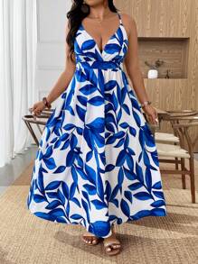 EMERY ROSE 大码女式新款热销热带花卉印花无袖露肩 A 字长裙，束腰，休闲宽松海滩度假旅行时尚性感优雅浪漫夏季 - 藍白色 - 查看 3