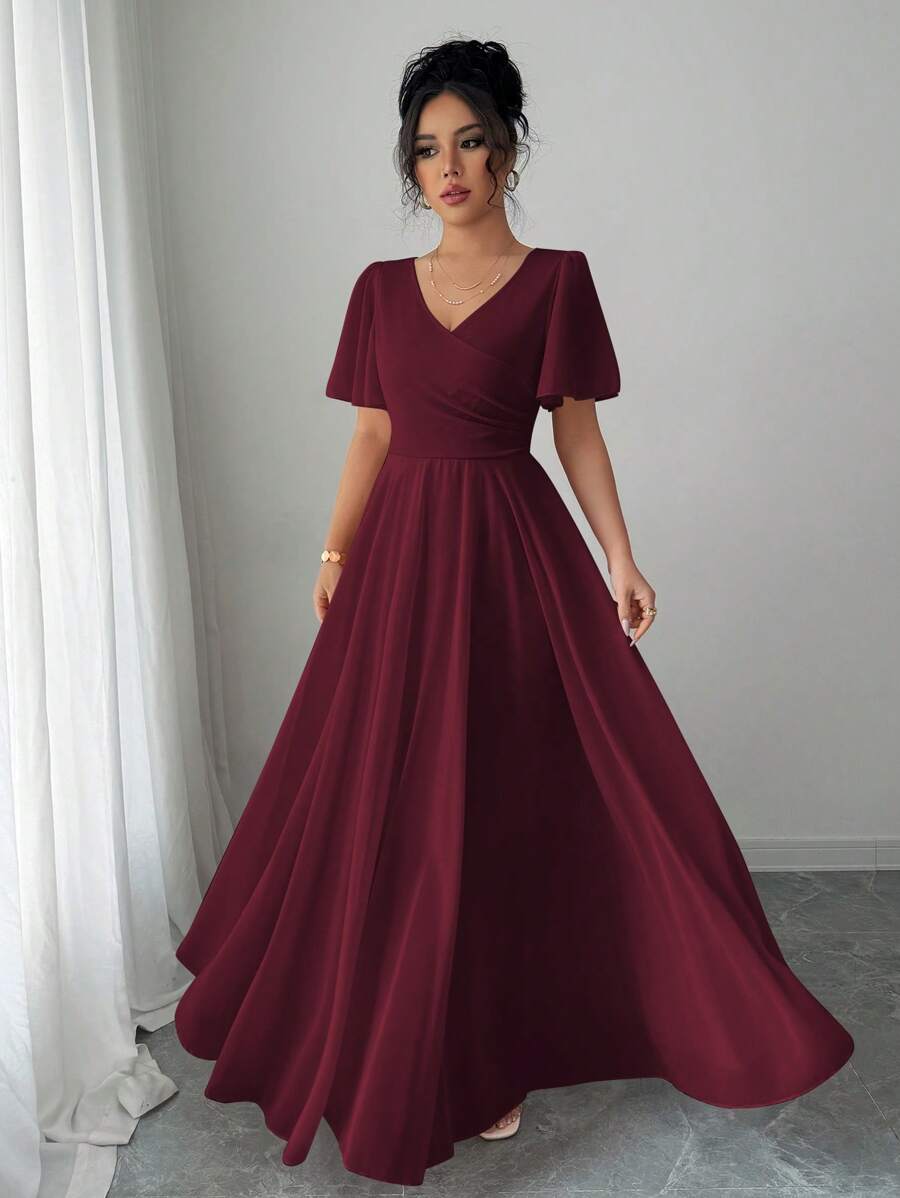Elenzga Flounce Sleeves Waist Cinched V-Neck A-Line Simple & Elegant Romantic Ladies' Dress - Burgundy - View 1