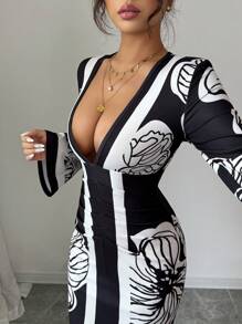 Elenzga Autumn Women's Sexy Bohemian Floral Print Concert Dress - Black - View 6