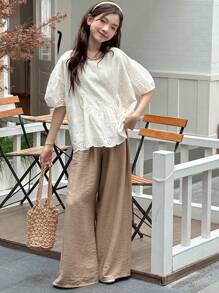 Dazy Kids Teen Girl Girl Crew Neck Woven Short Sleeve Shirt And Long Pants Set, Summer - Apricot - View 2