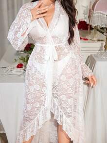 SHEIN Plus Size Lace Ruffle Hem Sexy Sheer Long Sleeve Robe White Lace Robe Bridal Robe Set Mesh Robe Sheer Robe - White - View 6