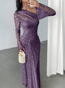 Modelyn 优雅蝴蝶结网眼不对称领口连衣裙