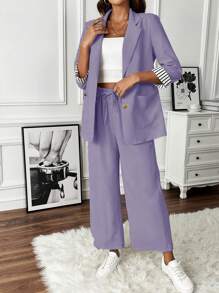 SHEIN Clasi 女士条纹斑驳翻领夹克和裤子休闲套装 - 紫色 - 查看 3