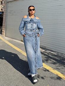 SHEIN ICON Plus Size Women Vintage Washed Casual Waistband Ruffle Slit Denim Mini Skirt