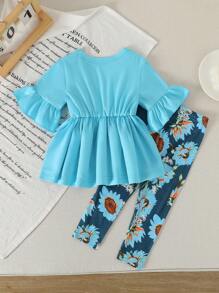 Set de 2 piezas con camiseta de manga corta con volantes y leggings con estampado de flores para bebé niña - Conjunto de ropa casual para bebé niña - Conjunto de ropa de bebé niña con girasol - Conjunto de leggings para bebé niña con mangas abullonadas - Azul - Ver 2