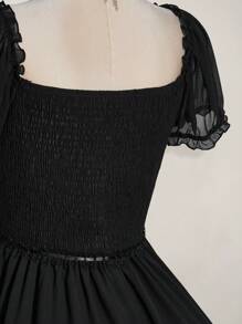 SHEIN ICON Váy chữ A tay bồng cổ chữ V cỡ lớn cạp cao, váy suông gợi cảm cổ điển Y2K, quần áo đi nghỉ hè & trở lại trường - màu đen - Xem 7