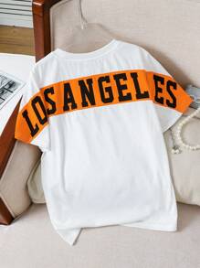 青少年男孩休闲韩版图案字母印花拼色圆领短袖上衣，适合通勤、上学、日常休闲装、运动、春夏秋冬