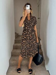 Easowa Leopard Print Batwing Sleeve Belted Dress
