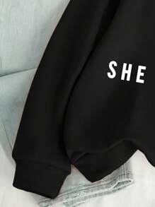 SHEIN Tween Girl Casual Round Neck Long Sleeve Bow Print Sweatshirt - Black - View 3