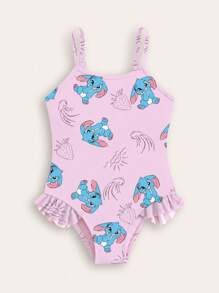 Young Girl Cartoon Print Ruffle Trim One-Piece Swimsuit School Clothes Back To School Clothes Puppy Keep Puppy Graphic Tees - Pink - View 1