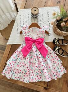 LMoss Kids Vestido tejido con decoración de mariposa, volantes y estampado floral pequeño para niña joven