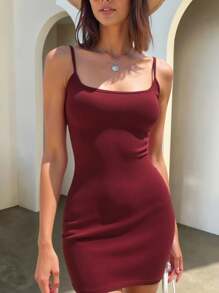 INAWLY Women Solid Color Simple Casual Spaghetti Strap Dress - Burgundy - View 5