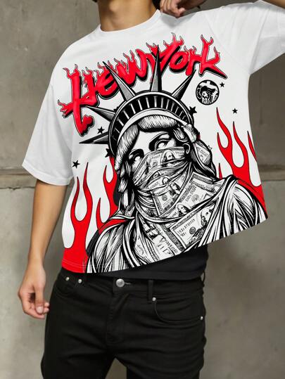 Grunge Punk Men's Religious Character  Summer Casual Round Neck Letter & Flame Printed T-Shirt