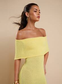 COSMINA 1pc Women's Elegant Solid Color Off-Shoulder Maxi Knit Dress Fall Dresses - Yellow - View 5
