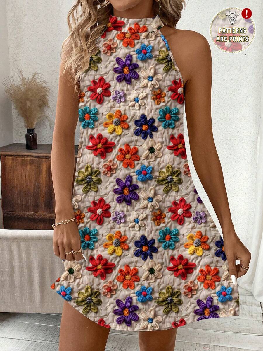 SHEIN Clasi Crochet Lace Print Halter Neck Women's Dress, Suitable For Summer Beach Wear Women's Summer Clothes Summer Outfits For Women Country Outfits Women  Floral Summer Dress Women Flower Print Dress Colorful Flower Dress Summer Dresses For Vacation Sundresses For Women,Boho Clothes Women Suitable For Going Out