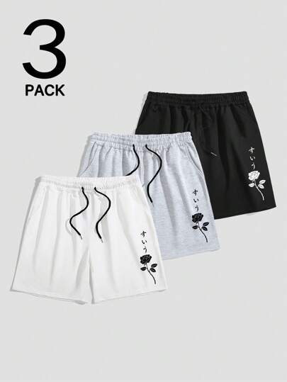 Anime سروال قصير كاجوال للرجال مطبوع بنقوش الزهور مزود بحزام رباط وجيوب