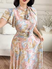 Modelyn Women's Floral Print Ruched Ruffled Collar Tie Waist Swing Dress - Pink - View 5