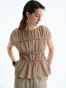 Aalyst Women's Casual Round Neck Short Sleeve Pleated Layered Minimalist Drawstring Bowknot Solid Color Blouse, Spring/Summer