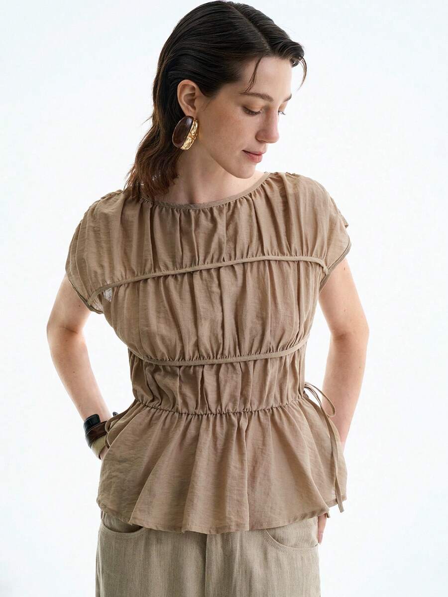 Aalyst Women's Casual Round Neck Short Sleeve Pleated Layered Minimalist Drawstring Bowknot Solid Color Blouse, Spring/Summer