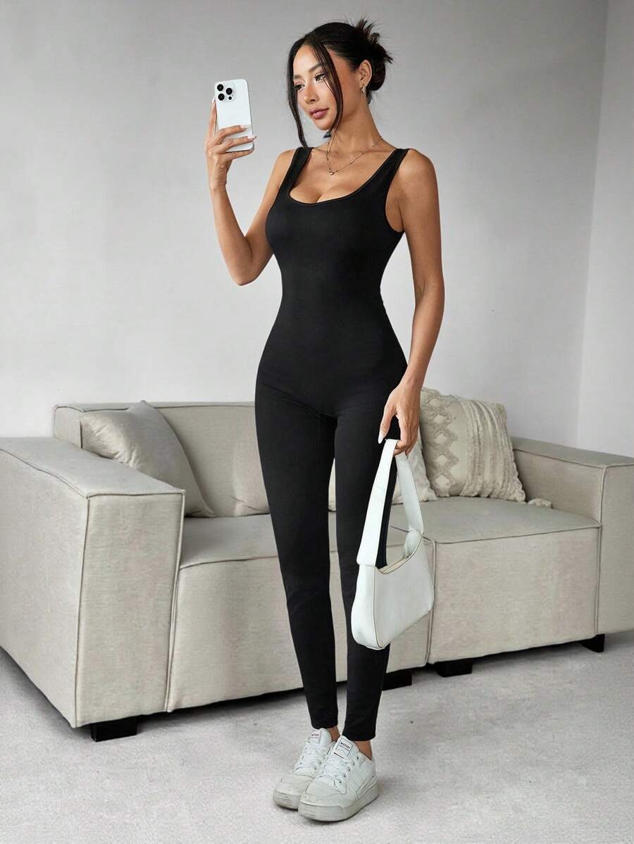 SHEIN PETITE Women's Solid Color Round Neck Backless Sleeveless Jumpsuit, Black Clothes - Black - View 1