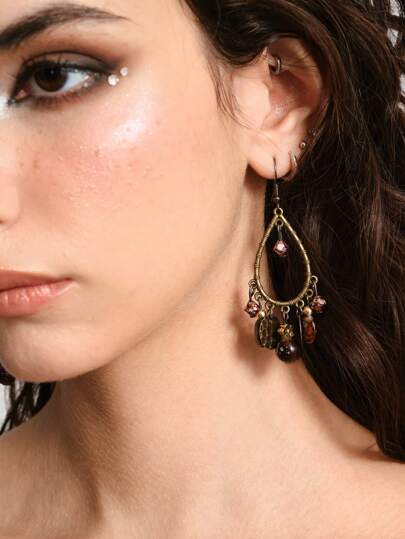 Hippie 1 Pair Beaded Tassel Earrings, Vintage Hollow Water Drop Pendant Bohemian Long Earrings For Women