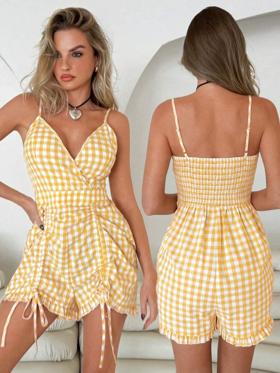 Roylia Women's Spring & Summer Fashion Casual Plaid Camisole Drawstring Frill Trim Jumpsuit Shorts - Yellow - View 1