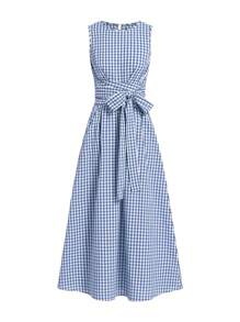 Ellevyn 女士夏季休闲度假野餐格子圆领系带腰口袋无袖宽松连衣裙，适合各种场合、休闲、通勤和旅行 - 藍白色 - 查看 6