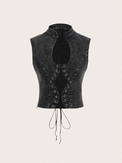 SHEIN ICON Women's Sleeveless Sexy Cut-Out Denim Tie Front Crop Top