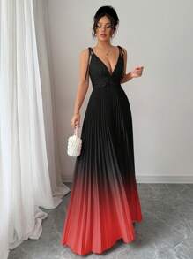 Elenzga Robe élégante et romantique pour femmes avec col en V dégradé, taille froncée et bretelles