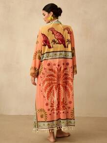 Travachic Kimono talla grande con mangas largas, estampado de palmeras y flecos