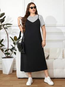 SHEIN LUNE Plus Size Women's Striped Round Neck Short Sleeve T-Shirt And Spaghetti Strap Dress 2 Piece Set, Summer Long Black Casual Dress Black Sundress Women Casual Sundress Fall Women Clothes School Clothes Stockholm Style Country Outfits Women Vintage Clothes Women Teacher Outfits For Women - Black and White - View 7