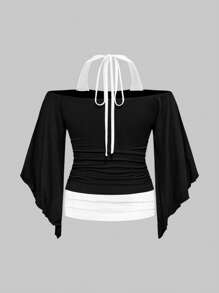 ROMWE Hippie Vintage Off Shoulder Ruched Waist Flare Sleeve Batwing Sleeve 2 In 1 T-Shirt For Women - Black - View 2