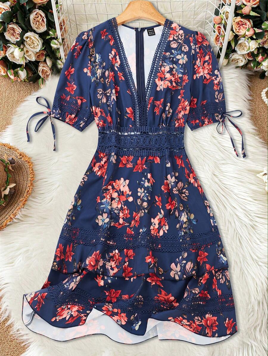 SHEIN PETITE Váy đi biển họa tiết hoa ren giản dị dành cho nữ - Màu xanh hải quân - Xem 1