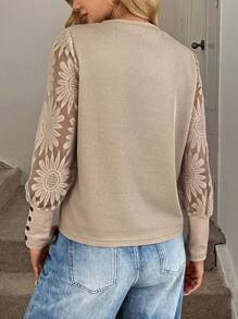 Easowa 卡其色蕾丝袖拼布华夫格花卉女式上衣