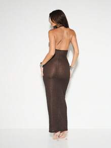 KIZN Ribbed Halter Neck Maxi Dress With O Ring Cut Out Summer Formal Evening Floor Length Gown Party Wedding Guest Statement - Dark Grey - View 2