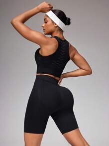 SHEIN Sports 女式纯色弹力短款背心和紧身裤运动服套装（夏季） - 黑色 - 查看 2