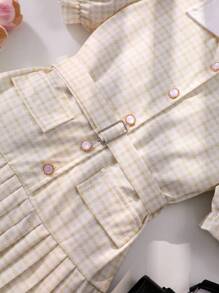 Vestido casual y elegante para niñas preadolescentes de estilo escolar, vestido acampanado con estampado de cuadros violeta, cuello de camisa, mangas abullonadas y cinturón, apto para vacaciones, colegio, primavera/verano