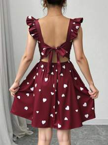 Rafferiza Random Heart Print Women Square Neck Cap Sleeve Elegant Dress - Multicolor - View 2