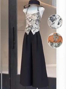 Chiquease Fashion Temperament Halterneck Sleeveless Backless Jacquard Vest Elastic Waist Black Long Wide-Leg Pants Ladies Spring And Summer Two-Piece Set Retro Ladies Casual Suit July 4th