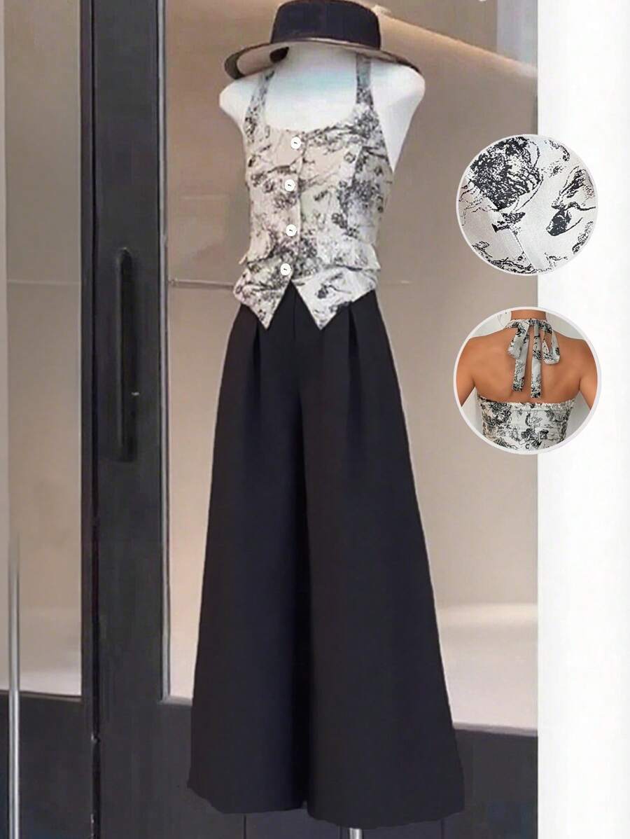 Chiquease Fashion Temperament Halterneck Sleeveless Backless Jacquard Vest Elastic Waist Black Long Wide-Leg Pants Ladies Spring And Summer Two-Piece Set Retro Ladies Casual Suit July 4th