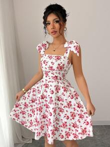 Elenzga 全新碎花肩部蝴蝶结腰部 A 字形休闲优雅度假迷你连衣裙，适合女士 - 紅色 - 查看 3